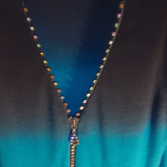 Teal Brown Sweater Top Gradient Rhinestone Zip Regency Core  BELLIDINI Size 1x - Picture 3 of 9